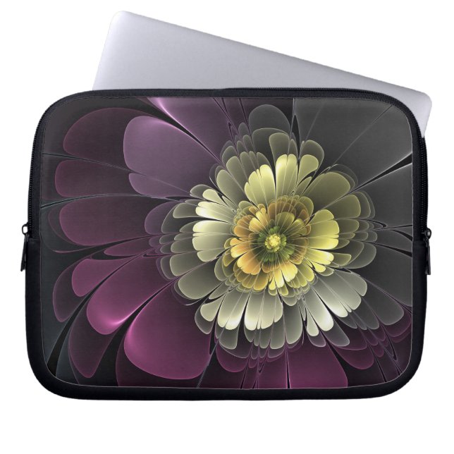 Abstract Modern Purpur Khaki Gray Fractal Flower Laptop Sleeve (Front)