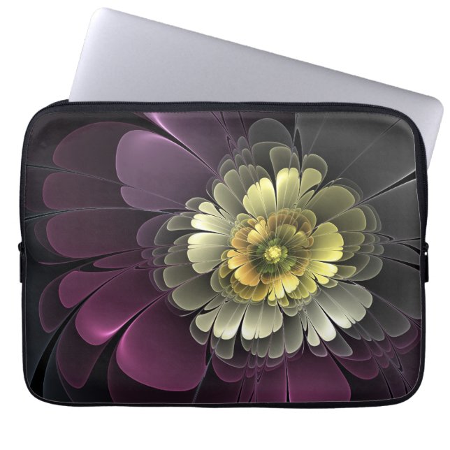 Abstract Modern Purpur Khaki Gray Fractal Flower Laptop Sleeve (Front)