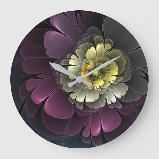 Abstract Modern Purpur Khaki Gray Fractal Flower Large Clock (Front)