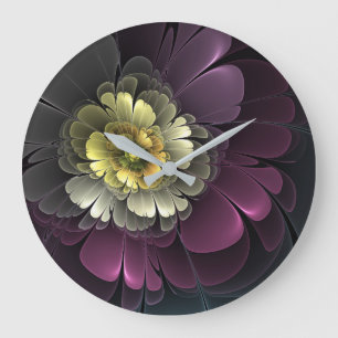 Abstract Modern Purpur Khaki Gray Fractal Flower Large Clock