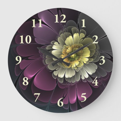 Abstract Modern Purpur Khaki Gray Fractal Flower Large Clock