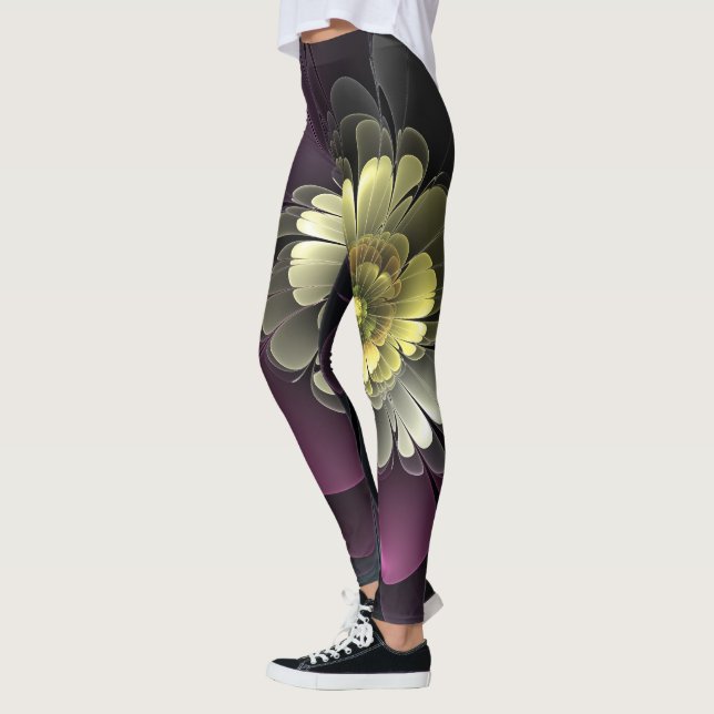 Abstract Modern Purpur Khaki Gray Fractal Flower Leggings (Left)
