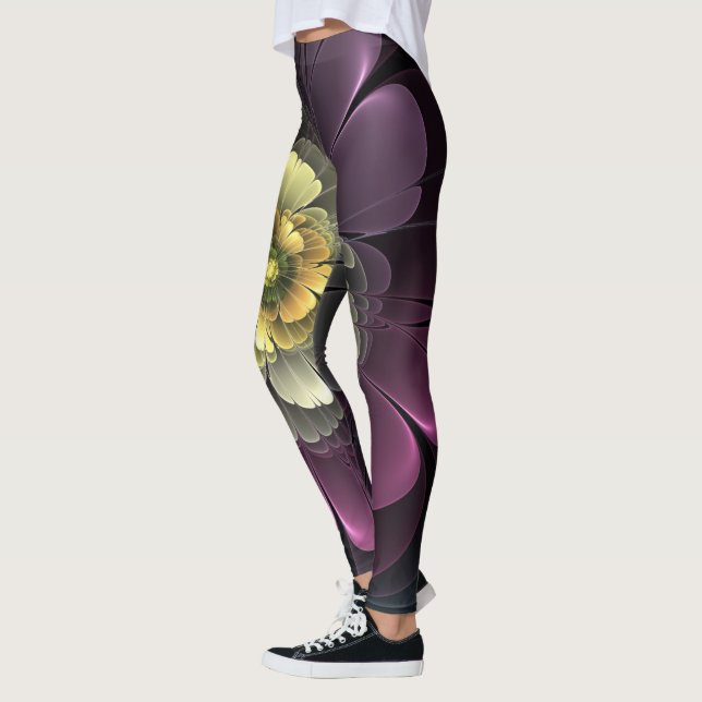 Abstract Modern Purpur Khaki Gray Fractal Flower Leggings (Left)