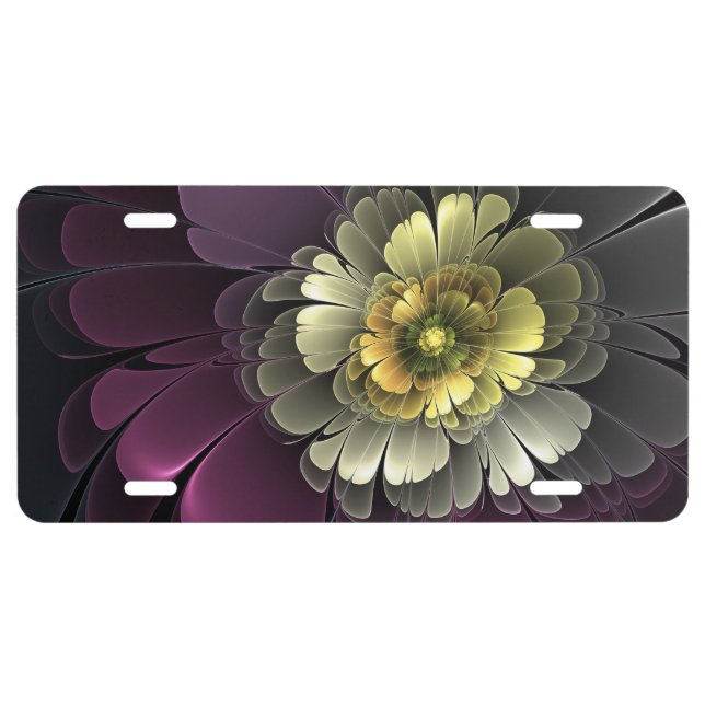 Abstract Modern Purpur Khaki Gray Fractal Flower License Plate (Front)