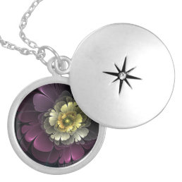 Abstract Modern Purpur Khaki Gray Fractal Flower Locket Necklace