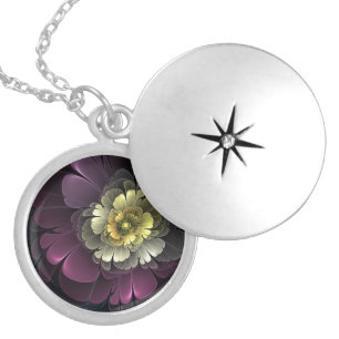 Abstract Modern Purpur Khaki Gray Fractal Flower Locket Necklace