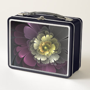 Abstract Modern Purpur Khaki Gray Fractal Flower Metal Lunch Box