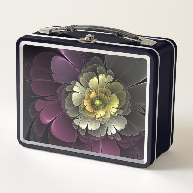 Abstract Modern Purpur Khaki Gray Fractal Flower Metal Lunch Box (Front)