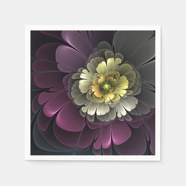 Abstract Modern Purpur Khaki Gray Fractal Flower Napkins (Front)