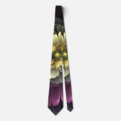 Abstract Modern Purpur Khaki Gray Fractal Flower Neck Tie