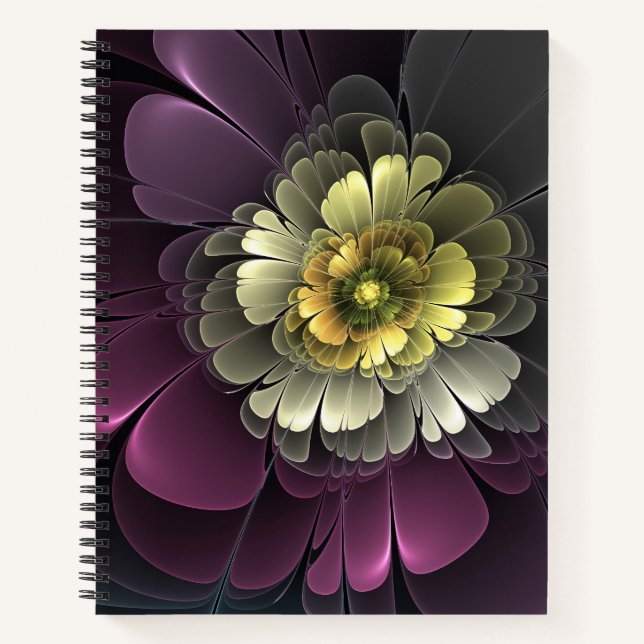 Abstract Modern Purpur Khaki Gray Fractal Flower Notebook (Front)