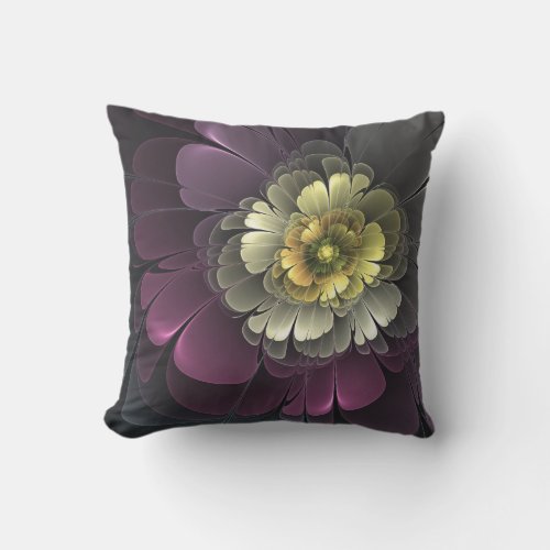Abstract Modern Purpur Khaki Gray Fractal Flower Outdoor Pillow