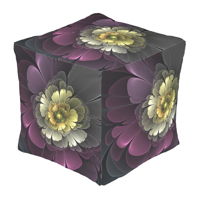 Abstract Modern Purpur Khaki Gray Fractal Flower Outdoor Pouf (Angled Front)