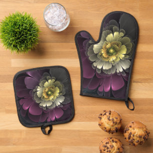 Abstract Modern Purpur Khaki Gray Fractal Flower Oven Mitt & Pot Holder Set