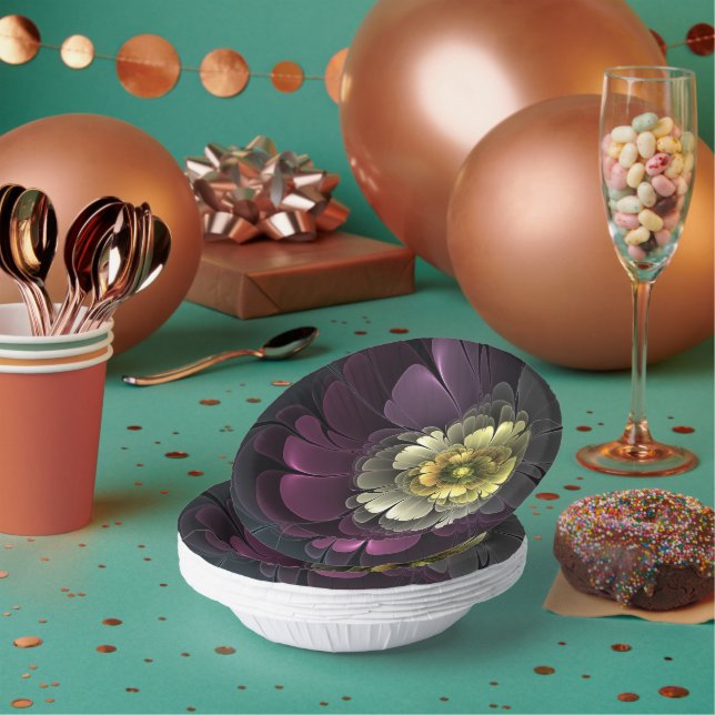 Abstract Modern Purpur Khaki Gray Fractal Flower Paper Bowls (Multi)