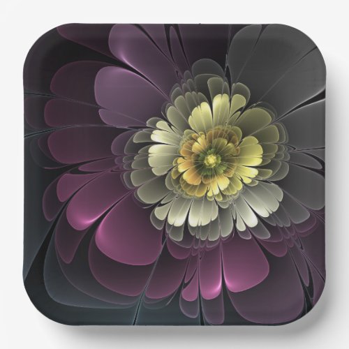 Abstract Modern Purpur Khaki Gray Fractal Flower Paper Plates