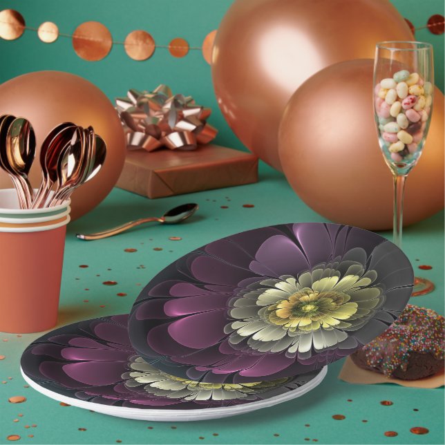 Abstract Modern Purpur Khaki Gray Fractal Flower Paper Plates (Multi)