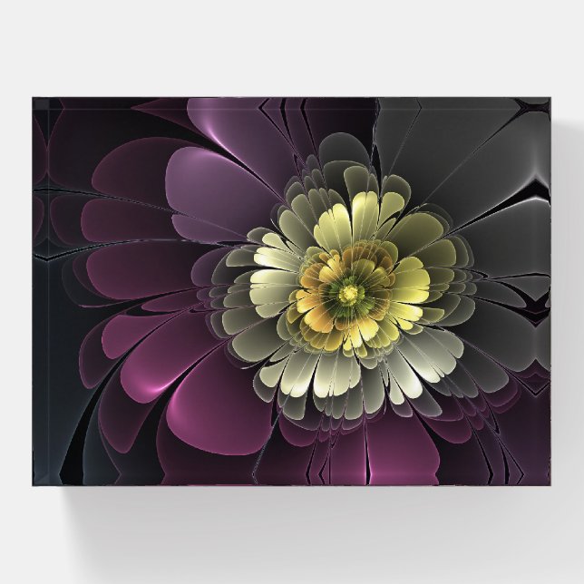 Abstract Modern Purpur Khaki Gray Fractal Flower Paperweight (Front)