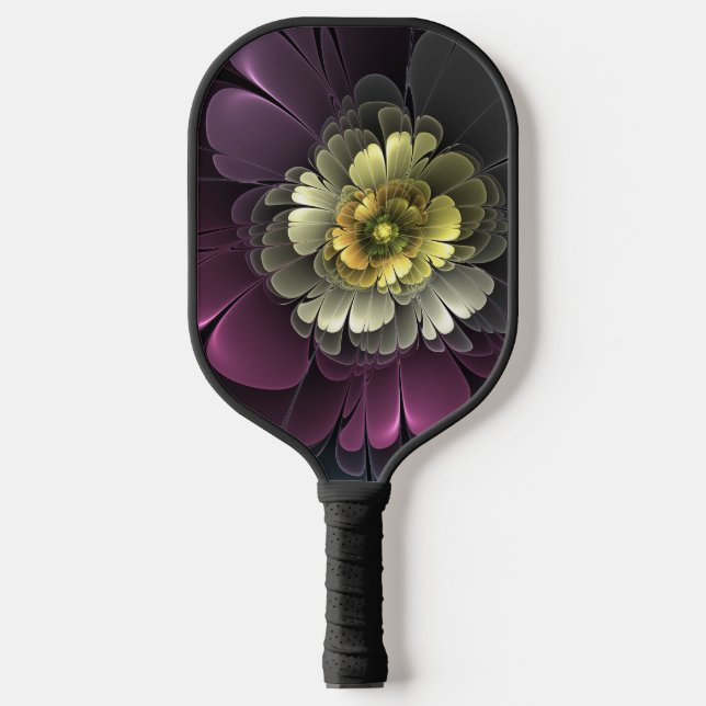 Abstract Modern Purpur Khaki Gray Fractal Flower Pickleball Paddle (Front)