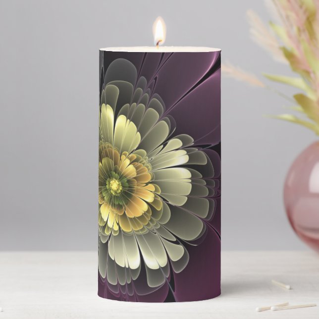 Abstract Modern Purpur Khaki Gray Fractal Flower Pillar Candle (In Situ)