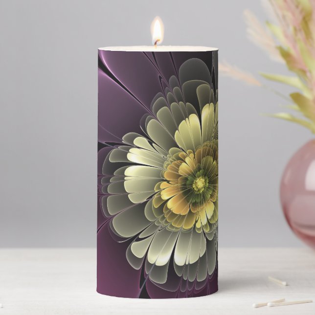 Abstract Modern Purpur Khaki Gray Fractal Flower Pillar Candle (In Situ)