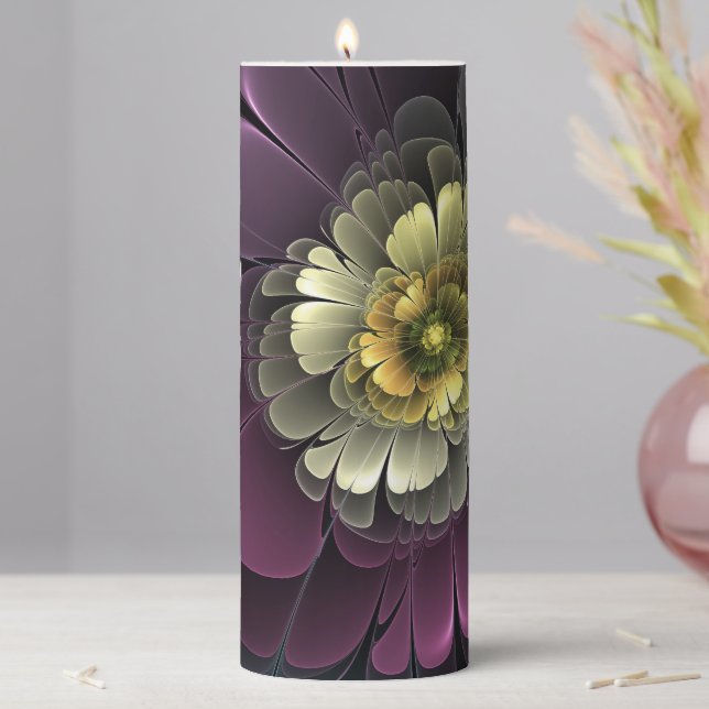 Abstract Modern Purpur Khaki Gray Fractal Flower Pillar Candle (In Situ)