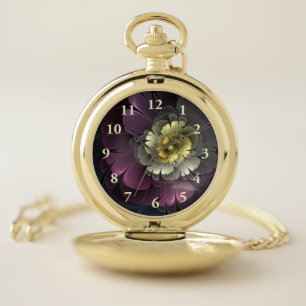Abstract Modern Purpur Khaki Gray Fractal Flower Pocket Watch