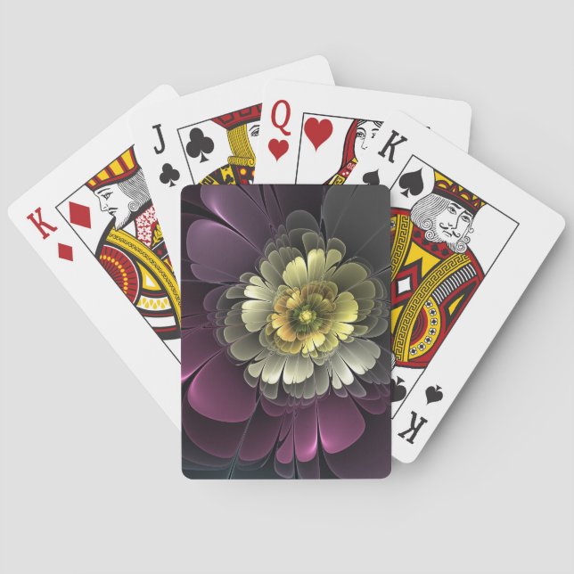 Abstract Modern Purpur Khaki Gray Fractal Flower Poker Cards (Back)