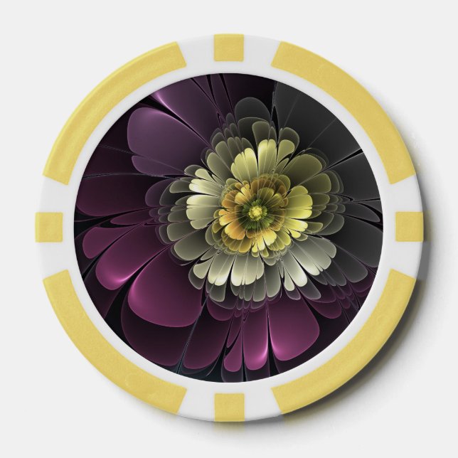 Abstract Modern Purpur Khaki Gray Fractal Flower Poker Chips (Front)