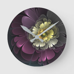 Abstract Modern Purpur Khaki Gray Fractal Flower Round Clock
