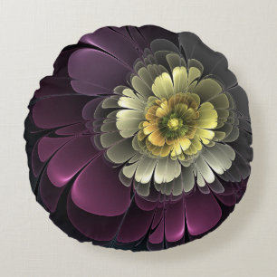 Abstract Modern Purpur Khaki Gray Fractal Flower Round Pillow