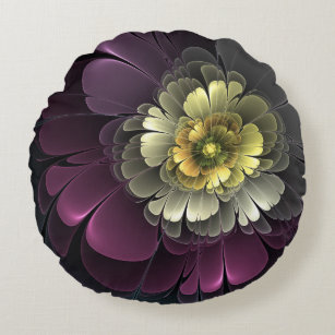 Abstract Modern Purpur Khaki Gray Fractal Flower Round Pillow