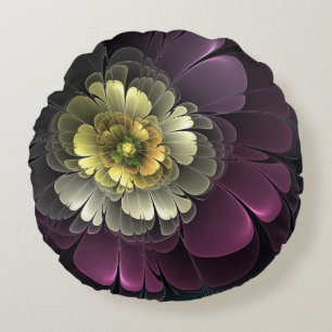 Abstract Modern Purpur Khaki Gray Fractal Flower Round Pillow