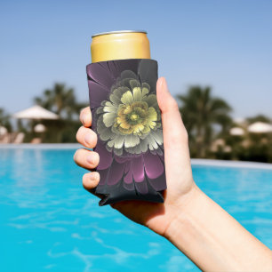 Abstract Modern Purpur Khaki Gray Fractal Flower Seltzer Can Cooler