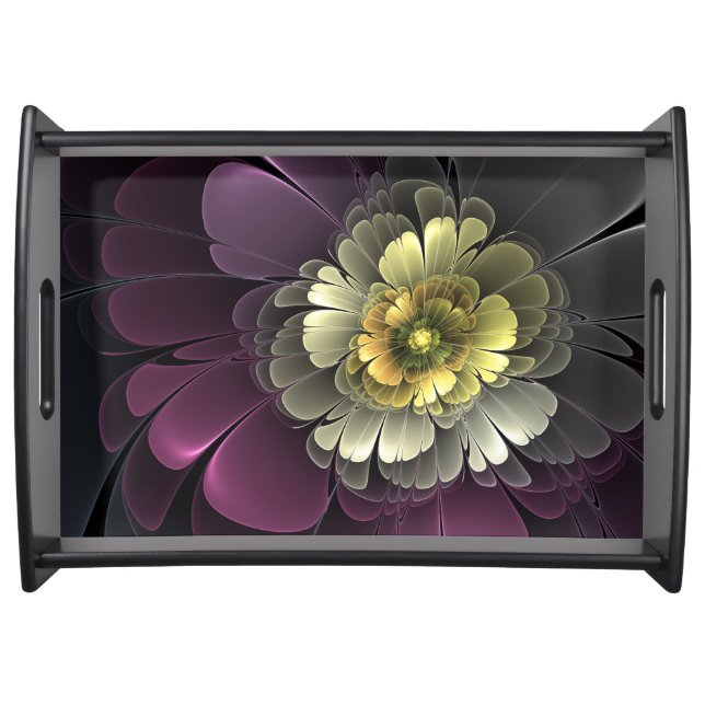 Abstract Modern Purpur Khaki Gray Fractal Flower Serving Tray (Front)