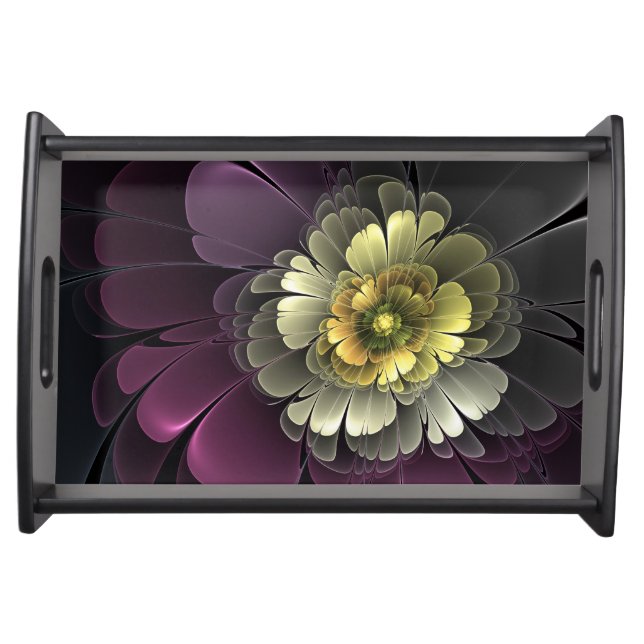Abstract Modern Purpur Khaki Gray Fractal Flower Serving Tray (Front)