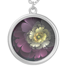 Abstract Modern Purpur Khaki Gray Fractal Flower Silver Plated Necklace