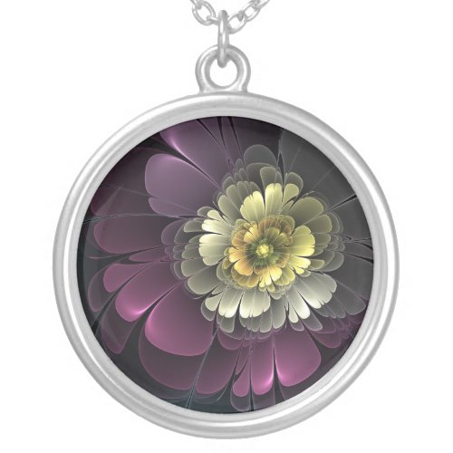 Abstract Modern Purpur Khaki Gray Fractal Flower Silver Plated Necklace
