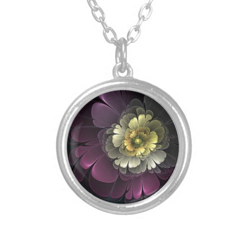 Abstract Modern Purpur Khaki Gray Fractal Flower Silver Plated Necklace