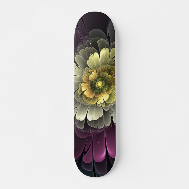 Abstract Modern Purpur Khaki Gray Fractal Flower Skateboard (Front)