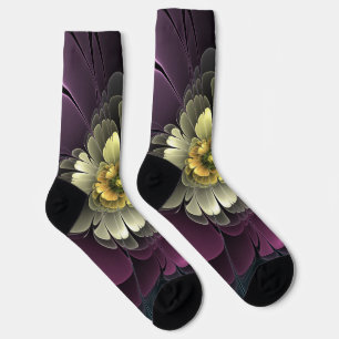 Abstract Modern Purpur Khaki Gray Fractal Flower Socks