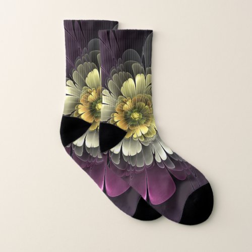 Abstract Modern Purpur Khaki Gray Fractal Flower Socks