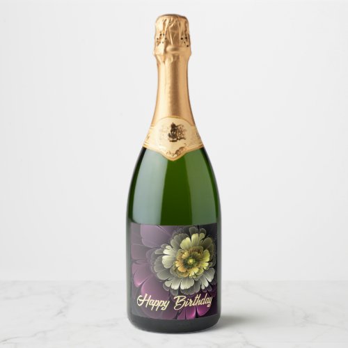 Abstract Modern Purpur Khaki Gray Fractal Flower Sparkling Wine Label