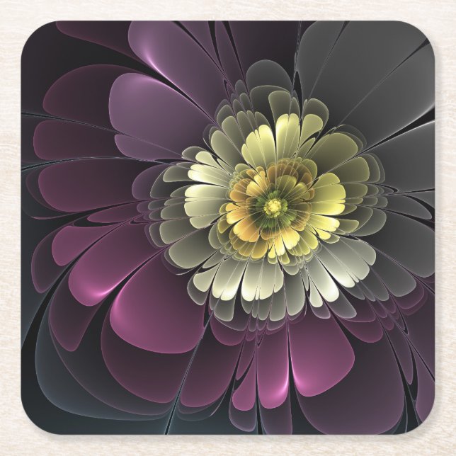 Abstract Modern Purpur Khaki Gray Fractal Flower Square Paper Coaster (Front)