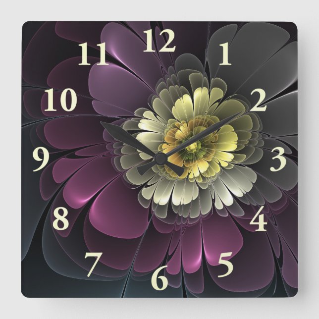 Abstract Modern Purpur Khaki Gray Fractal Flower Square Wall Clock (Front)