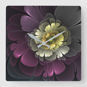 Abstract Modern Purpur Khaki Gray Fractal Flower Square Wall Clock