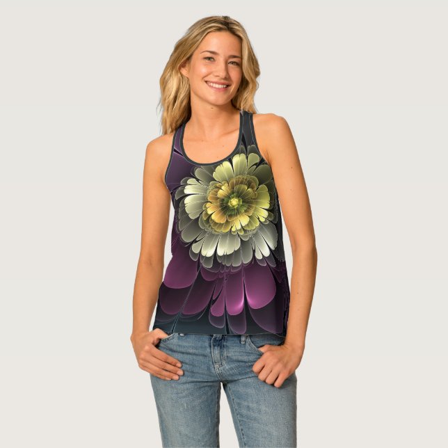 Abstract Modern Purpur Khaki Gray Fractal Flower Tank Top (Front Full)
