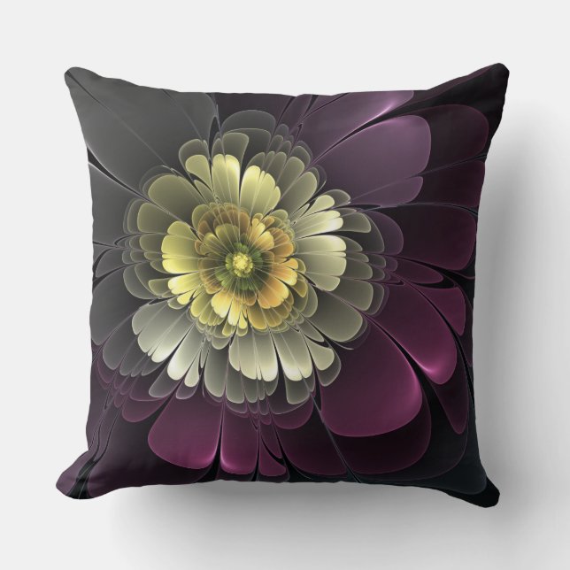 Abstract Modern Purpur Khaki Gray Fractal Flower Throw Pillow (Front)