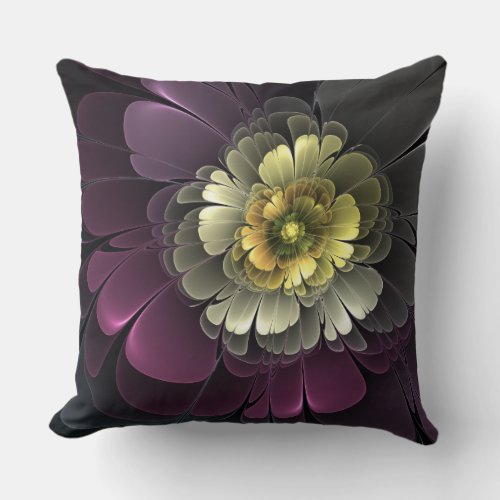 Abstract Modern Purpur Khaki Gray Fractal Flower Throw Pillow