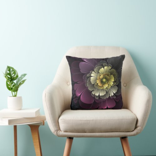 Abstract Modern Purpur Khaki Gray Fractal Flower Throw Pillow